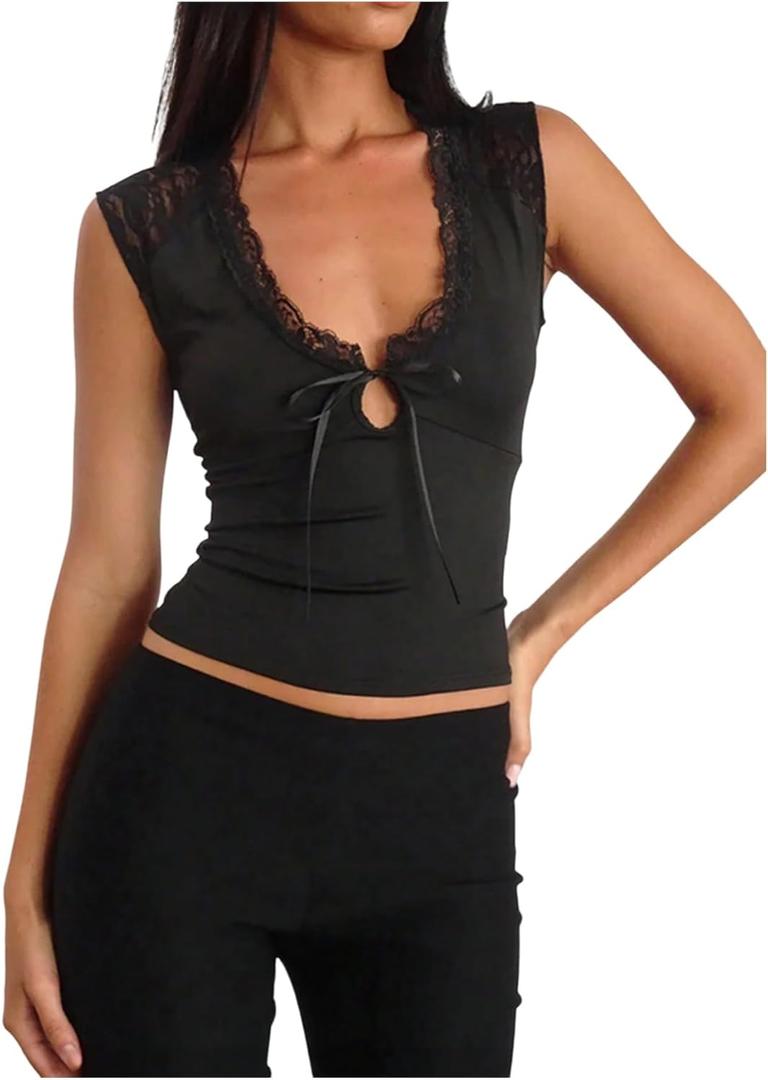 Milumia Women's Contrast Lace Knot Front Tank Top Sexy V Neck Sleeveless Tops (Black, S)