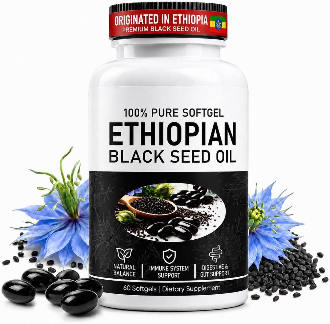 Ethiopian Black Seed Oil Capsules with 4.64% Thymoquinone, Cold-Pressed Softgels for Immune, Digestive & Daily Wellness Support, Non-GMO, Gluten-Free, 60 Count, Exp: 08/04/2028