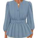 ZESICA Women's 2026 Fall Babydoll Peplum Tops V Neck Puff 3/4 Length Sleeve Shirts Dressy Casual Blouses,Dusty Blue,Medium