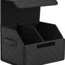 Leather Car Trunk Organizer with Lid,65L Foldable Storage Box for Universal Cars, SUVs, Sedans and MPVs, Removable Divider, Carry Handles, Black