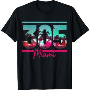 Miami 305 Area Code Florida Vintage Palm Trees Pride Retro T-Shirt Small, M
