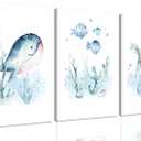 Wodkwq Ocean Nursery Decor,Nursery Wall Decor,Kids Bathroom Decor,Under The Sea,Boys Room Sea Animal Wall Art Picture Canvas Prints Set of 3,Bedroom 12x16 Inch Framed