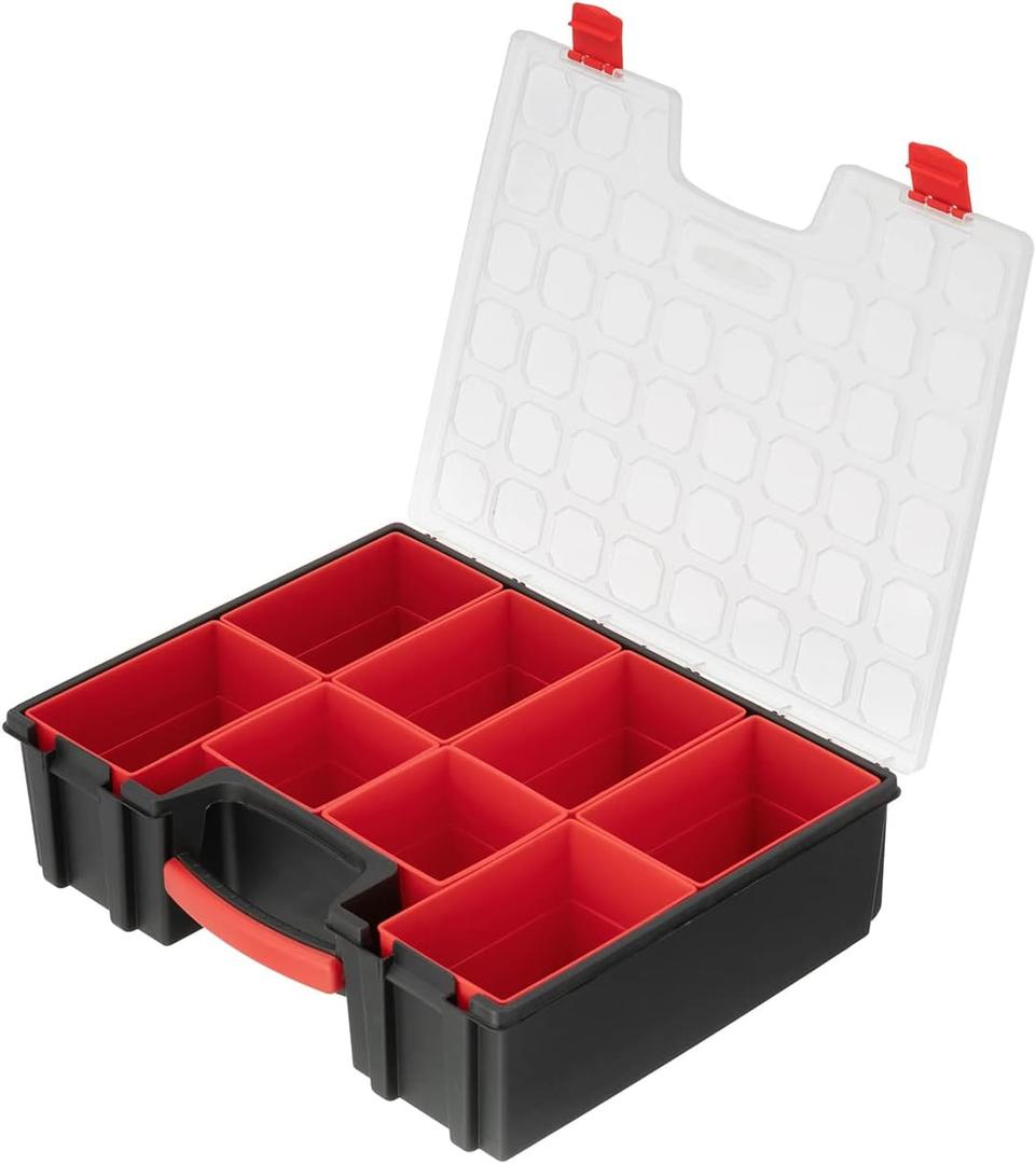 INTERTOOL Hardware Organizer with 8 Deep Removable Bins - Small Parts Storage Tool Box for Nuts, Bolts, Screws, Nails - 16.5" x 13" x 4.5" - Portable Handle Transparent Lid with Locks BX08-4034