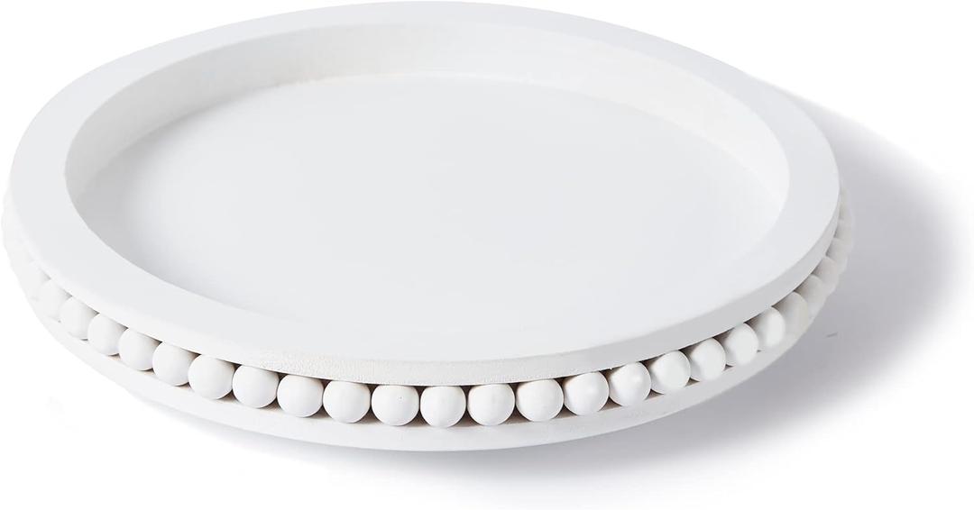 12 Inch White Beaded Lazy Susan for Table Top,Wooden Decorative Kitchen Organizer Turntable for Countertop,Lazy Susan for Dining Table Centerpiece Tray