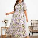 EYWOL Plus Size Wedding Guest Dresses for Women Floral Chiffon Flowy V Neck Maxi Dress with Detachable Tie Smocked Back (Purple, XL)