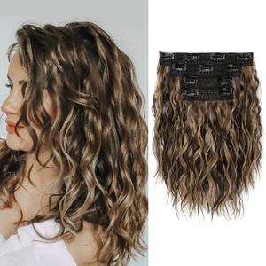 REECHO Clip in Hair Extensions - 4PCS 12" Short Curly Wavy Brown with Highlights, (Chocolate Brown with Highlights)