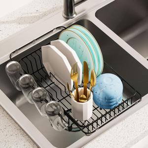 Dish Drying Rack in Sink Expandable Stainless Steel Kitchen Dish Drainer with 4 Cup Holders, Black