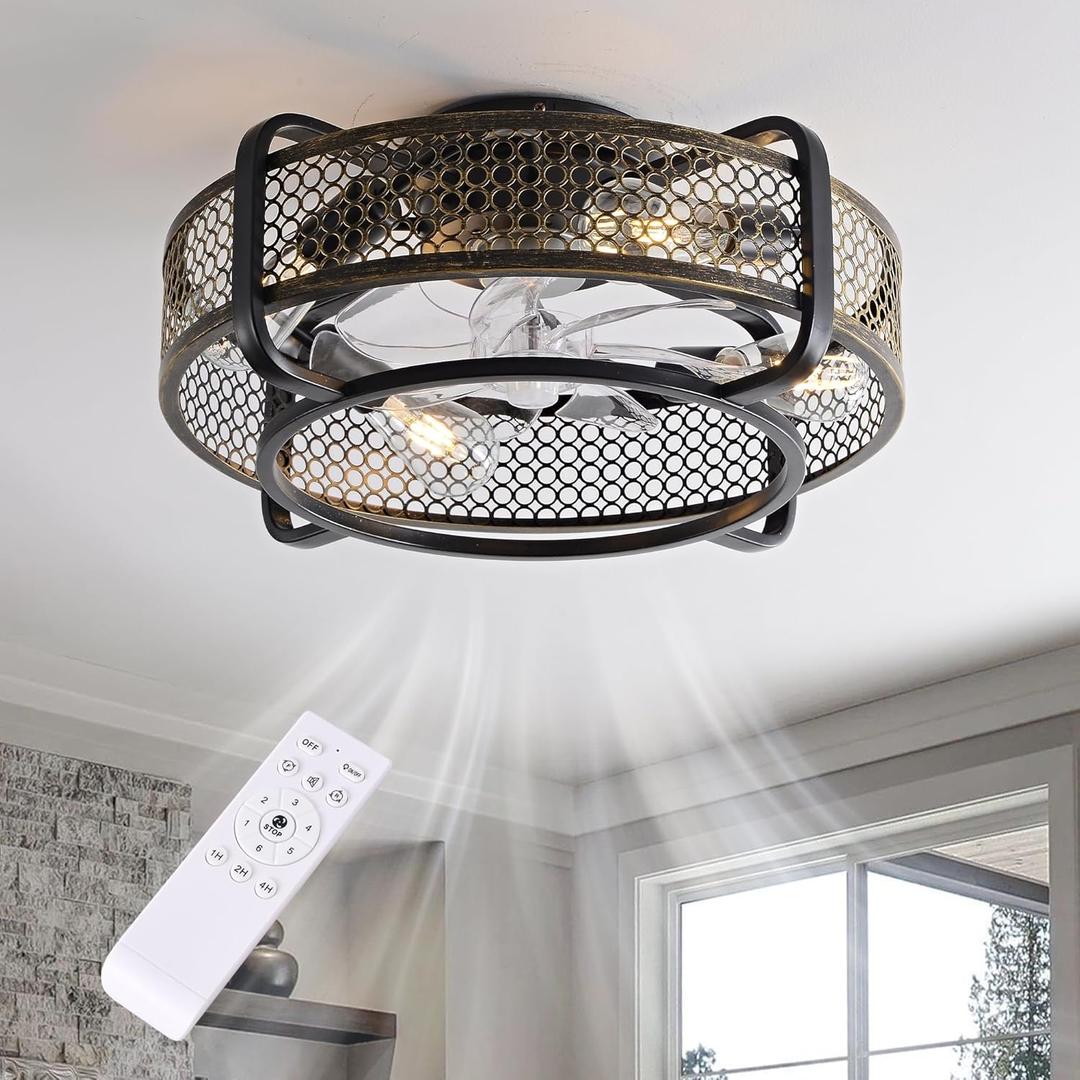 20" Caged Ceiling Fan with Light and Remote, Low Profile, 6 Speed and Reversible Farmhouse Bladeless Flush Mount Ceiling Fan W/ E26 Bulbs Base for Bedroom, Kitchen, Living Room