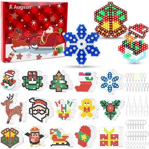 AUGSUN Fuse Beads Pegboards, Christmas 5 mm Fuse Beads Pegboards Kit, Including 15 Plastic Boards, 15 Hang Ropes, 15 Keychains, 4 Tweezers and 1Gift Box, Christmas Gift Set for Art Crafts
