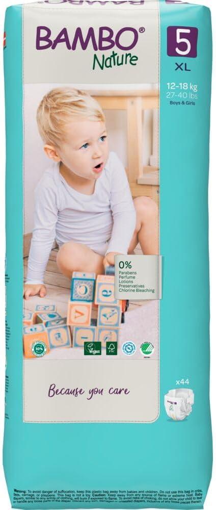 Bambo Nature Hypoallergenic Baby Diapers, Eco-Labeled Diapers, Enhanced Leakage Protection, Totally Chlorine-Free, Skin Friendly, and Super Absorbent - Size 5 (44 Count)