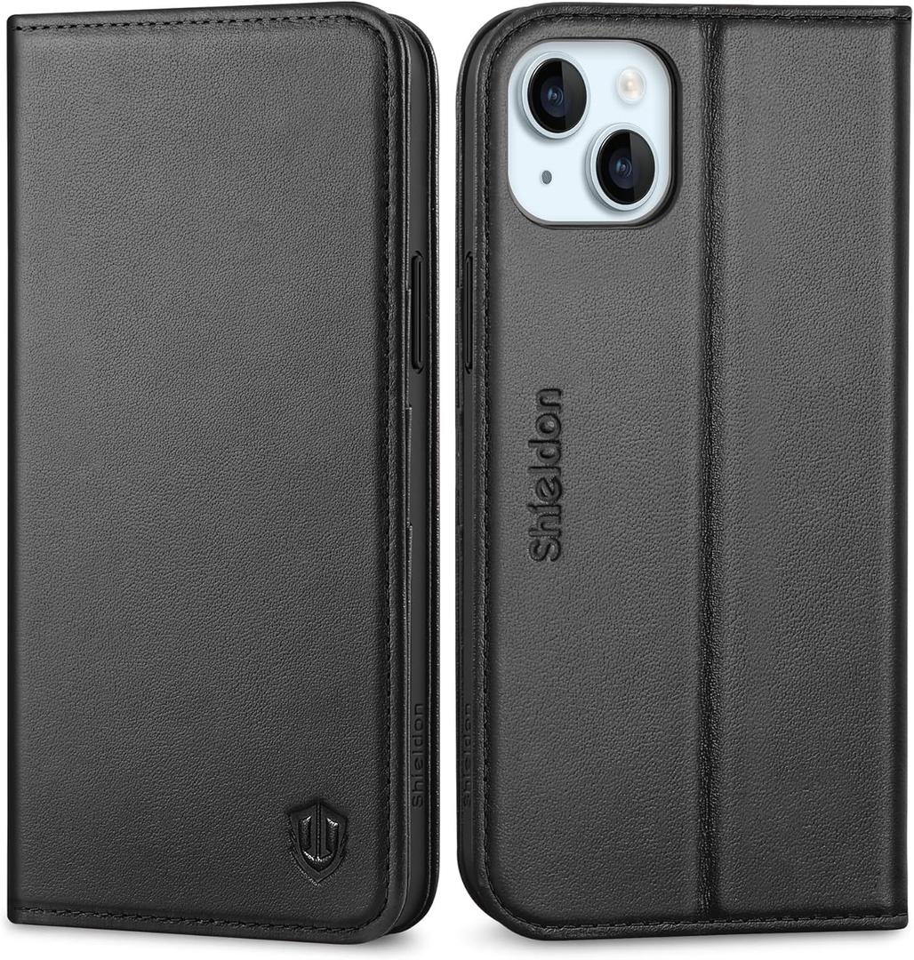 SHIELDON Wallet Case for iPhone 15 Plus 5G 2023, Genuine Leather RFID Blocking Credit Card Holder Folio Magnetic Kickstand Shock-Absorbent Protective Case Compatible with iPhone 15 Plus 6.7" - Black