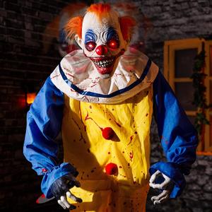 Halloween Animatronic 6ft Killer Clown Decorations, 72inch Animated Clown with Motion Activation, Creepy Sound, Scary Move, Light Up Eyes, Haunted House Spooky Horror Prop for Indoor, Outdoor, Yard