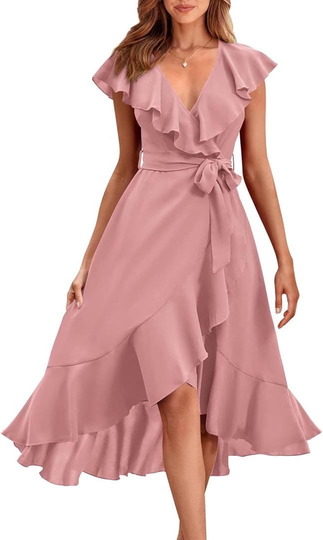 RETTYGARDEN Women's 2026 Summer Cross Midi Dress Casual Boho Deep V Neck Short Sleeve Ruffle Hem Split Beach Long Dresses (Large, Pink)