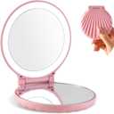 Compact Makeup Mirror with Lights - 3.5" Portable, 2-Sided, Lightweight & Shatterproof, Folding Magnifying Mirror 2X/10X, for Women (Pink)