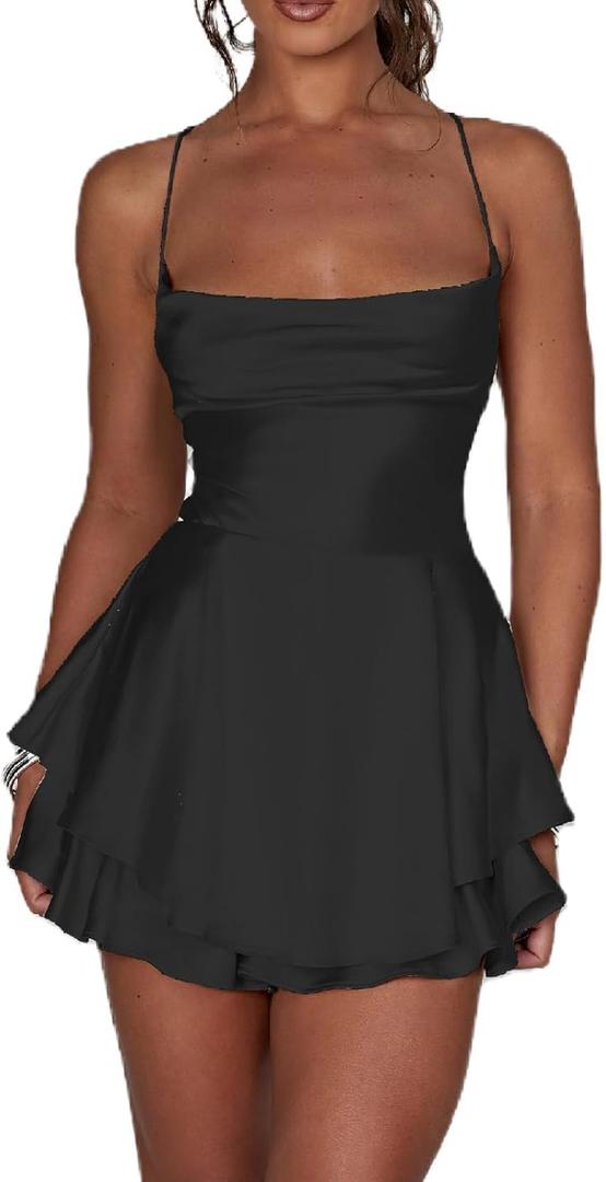 Women's Sexy Satin Mini Dress Sleeveless Tie Backless Cowl Neck Cocktail Party Silk Mini Cami Dress (Black,S)