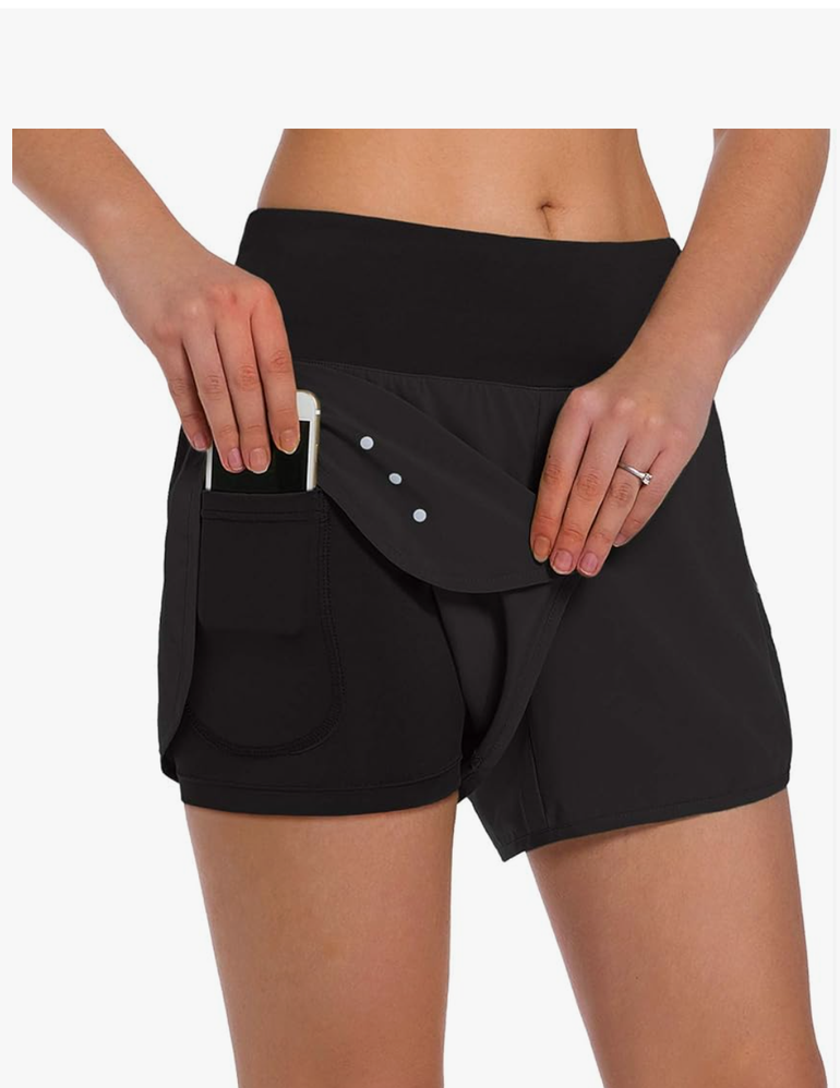 Ksmien Women's 2 in 1 Running Shorts - Lightweight Athletic Workout Gym Yoga Shorts Liner with Phone Pockets, Medium, Black 