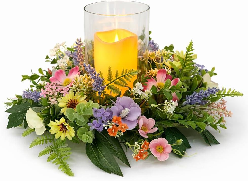 Floral Candle Holder Centerpiece for Table, Glass Hurricane with Detachable Small Floral Wreath, Farmhouse Spring Centerpiece for Dining Table, Wedding, Home Decor