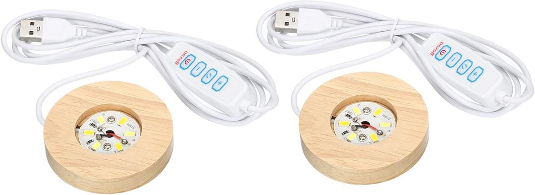 PATIKIL Wooden LED Light Base Stand, 2 Packs Round Wooden 4.72" Dia 3-Colored Light Dimmable Display Pedestals for Crystal Glass Art Decorations, Wood Color