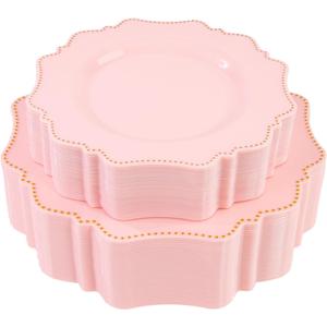 COLOSUS 60Pcs Pink and Gold Plastic Plates Set, Gold Pink Disposable Party Plates, 30pcs Dinner Plates and 30pcs Salad/Dessert Plates for Wedding, Party, Anniversary, Daily Use,Valentine's Day