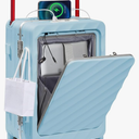 Somago Carry On Luggage Wide Handle 20 Inch Suitcase with Front Compartment Aluminum Framed PC Hardside 22x14x9 No Zipper Business Baggage with Spinner Wheels USB Charging Port TSA Lock (Light Blue)