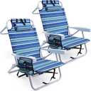 Yestomo Beach Chairs for Adults Heavy Duty, Compact Portable Lay Flat Folding Chair with Backpack Straps and Large Cooler Pouch, Support to 350LBS (2 Pack Stripes_Blue&Cyan)