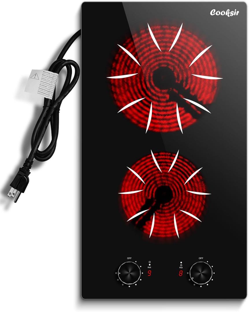 2 Burner Electric Cooktop - 12 Inch 2000W Electric Stove Built-in & Countertop, Two Burner Ceramic Cooktop with Knob Control, 9 Power Level, Over Heat Protection, 110-120V Plug in (Grey Konb), 12 Inch Black Knob