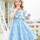 Vogseek Light Blue Girl Dress 5 6 Years Old Kids Square Neck Ruffle Sleeve A Line Swing Dresses Summer Cute Bowknot Tie Frock for Little Girls 5t 6t Valentines Easter School Dance Party Size 6