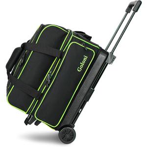 Goloni Double Roller 2 Ball Bowling Bag with Separate Shoe Compartment,2 Ball Bowling Bag with Wheels,Retractable Handle Extends to 40" (green)