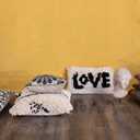 Creative Co-Op Woven Wool Shag Lumbar Pillow with Love Design, Black and Cream, 24 inches x 14 inches x 14 inches