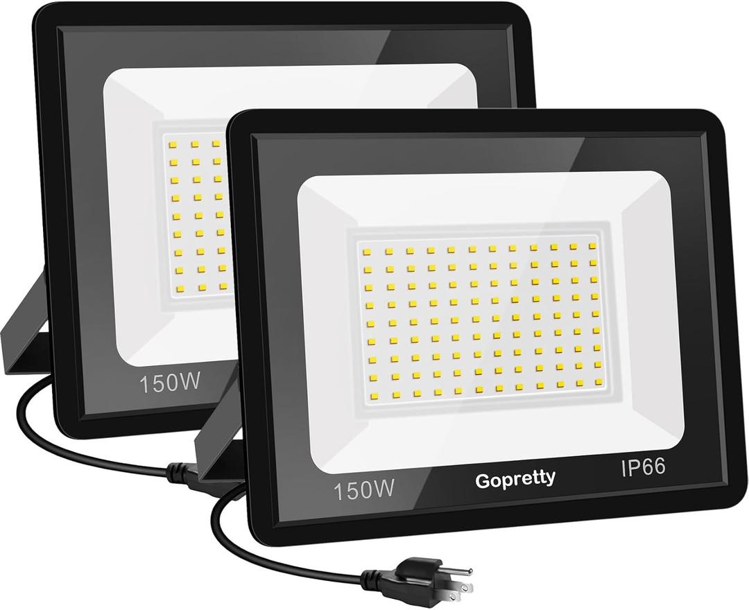 150W Warm White Outdoor LED Flood Lights, 3000K 18000LM IP66 Waterproof, Garden Garage, Court, Shop Exterior Security Floodlights 2 Pack
