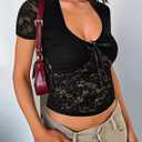 Womens Lace Tops Going Out Summer Short Sleeve V Neck Mesh Sheer Crop Shirts Cute Y2K Trendy Outfits 2026 (Black, L)