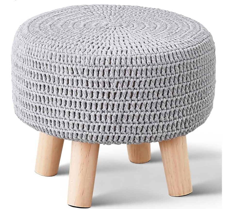 LGENHOOM Boho Ottoman Foot Stool Cotton Knitted Round Pouf Ottoman Foot Rest Stool with NonSkid Wooden Legs Step Stool Padded Seat for Living Room Gray