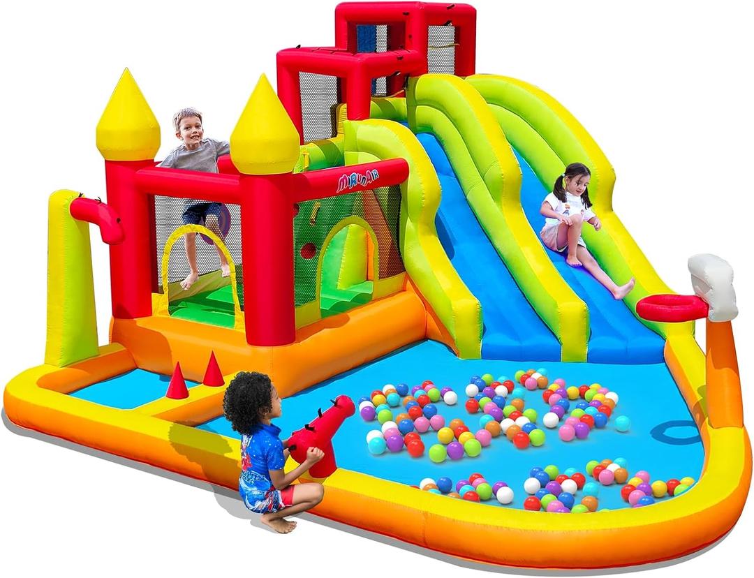 MIRUNAIR Inflatable Bounce House with Slides, Inflatable Water Slide for Kids Backyard, Bounce Water Prak with Air Blower, Splash Pool, Water Cannon, Climbing Wall, Outdoor Backyard Water Park