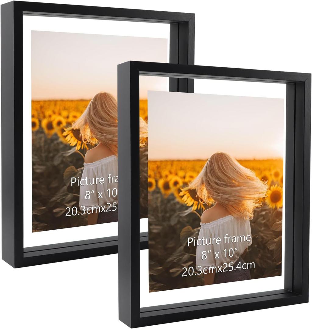 WIFTREY Black 8x10 Floating Picture Frame 2 Pack, Double Glass Distressed Floating Photo Frame for Tabletop or Wall Mount, Displays Photo up to 10x12