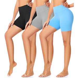 FULLSOFT 3 Pack Workout Gym Shorts for Women - 5" High Waist Tummy Control Scrunch Butt Lifting Seamless Biker Shorts