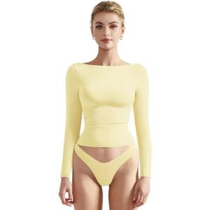 SUUKSESS Women Crew Neck Long Sleeve T Shirts Double Lined Tight Fitted Crop Top XS