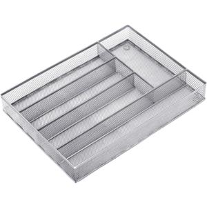 Neudeco Silverware Drawer Organizer Holder, Cutlery Tray Silverware Flatware Storage Divider for Kitchen, Bedroom, Living Room, Mesh Wire with Non-slip foam Feet, 5 Component Silver