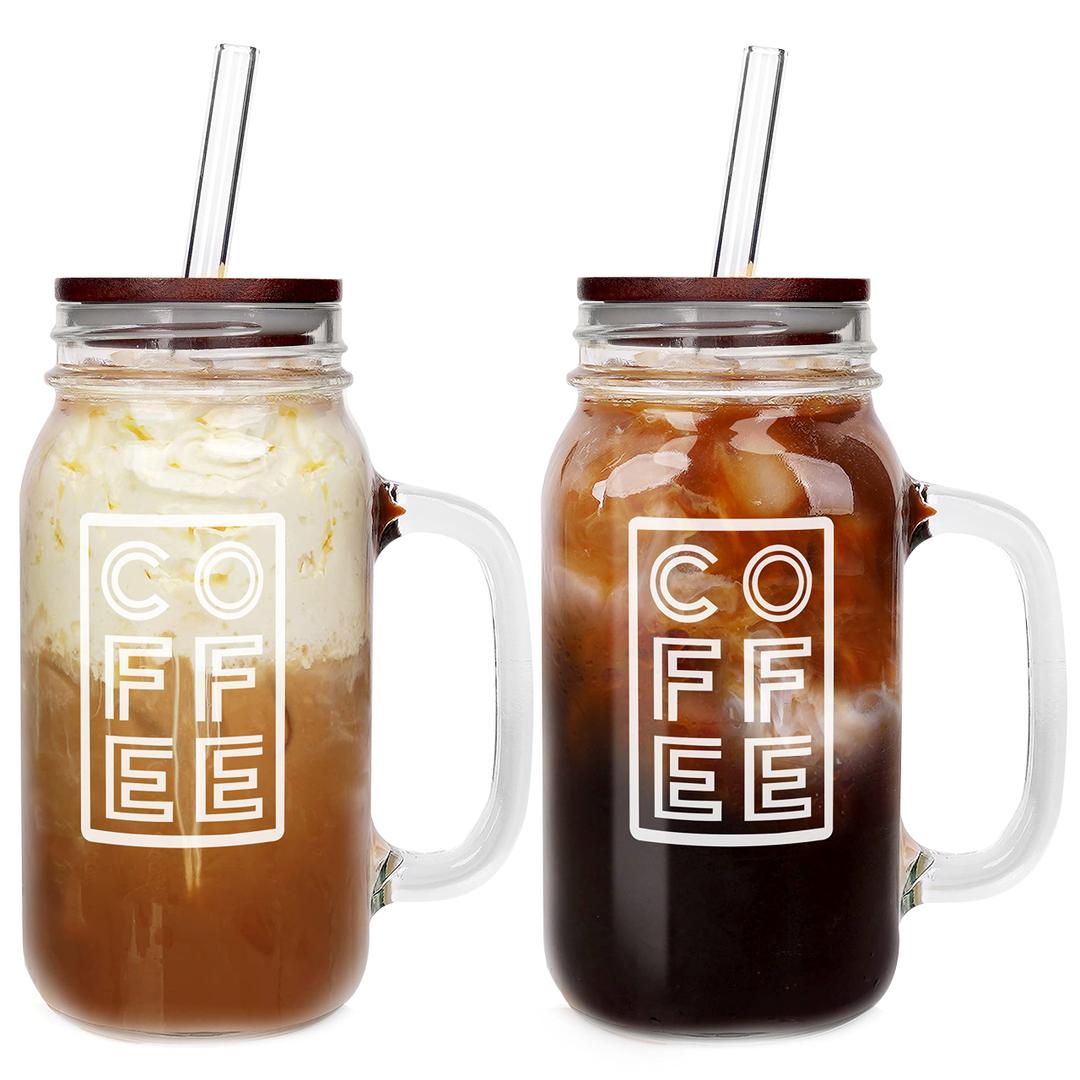 ANOTION Mason Jar Iced Coffee Cup with Handle, 24oz Regular Mouth Mason Jars with Lid and Straw Glass Coffee Drinking Glasses Tumbler Reusable Cups Bottles for Travel Office Home, 1