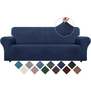 WEERRW Velvet Couch Cover for 3 Cushion Couch Covers - Stretch Sofa Slipcovers with Non Skid Foam and Elastic Bottom, Furniture Protector for Pets, Crafted from Soft Plush Fabric, Navy Blue, Large