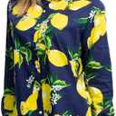 Women's Blouses Casual Long Sleeve Work Button Down Dress Hawaiian Shirts Tops(Navy Blue Yellow Lemon, X-Large)