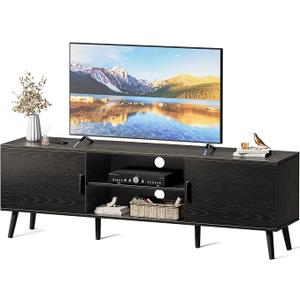 SUPERJARE TV Stand for 55 Inch TV, Entertainment Center with Adjustable Shelf, 2 Cabinets, TV Console Table, Media Console, Solid Wood Feet, Cord Holes, for Living Room, Bedroom, Black