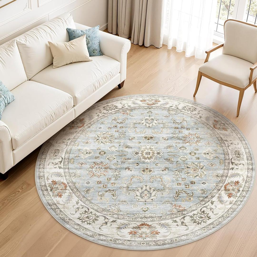 WITSHOCK 6ft Round Area Rugs for Living Room: Non-Slip Washable Vintage Soft Large Circle Rug - Soft Low Pile Carpet for Bedroom Under Dining Table Home Office DecorLight Blue/Light Ivory/Beige, 6' (Round)