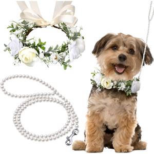 2 Pcs Dog Flower Collar Wedding and Leash Set Pearls for Dogs 120 cm 4 ft Pearls Beaded Dog Leash Dog Collar Bows for Wedding Adjustable for Medium Dogs Floral Collars Pet (Small)