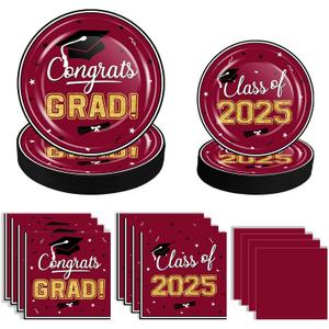 OuMuaMua 2025 Graduation Party Supplies Tableware Set - 100 Pcs Maroon Graduation Plates and Napkins Class of 2025 Disposable Dinnerware for College High School Congrats Grad Party favors, Serve 25