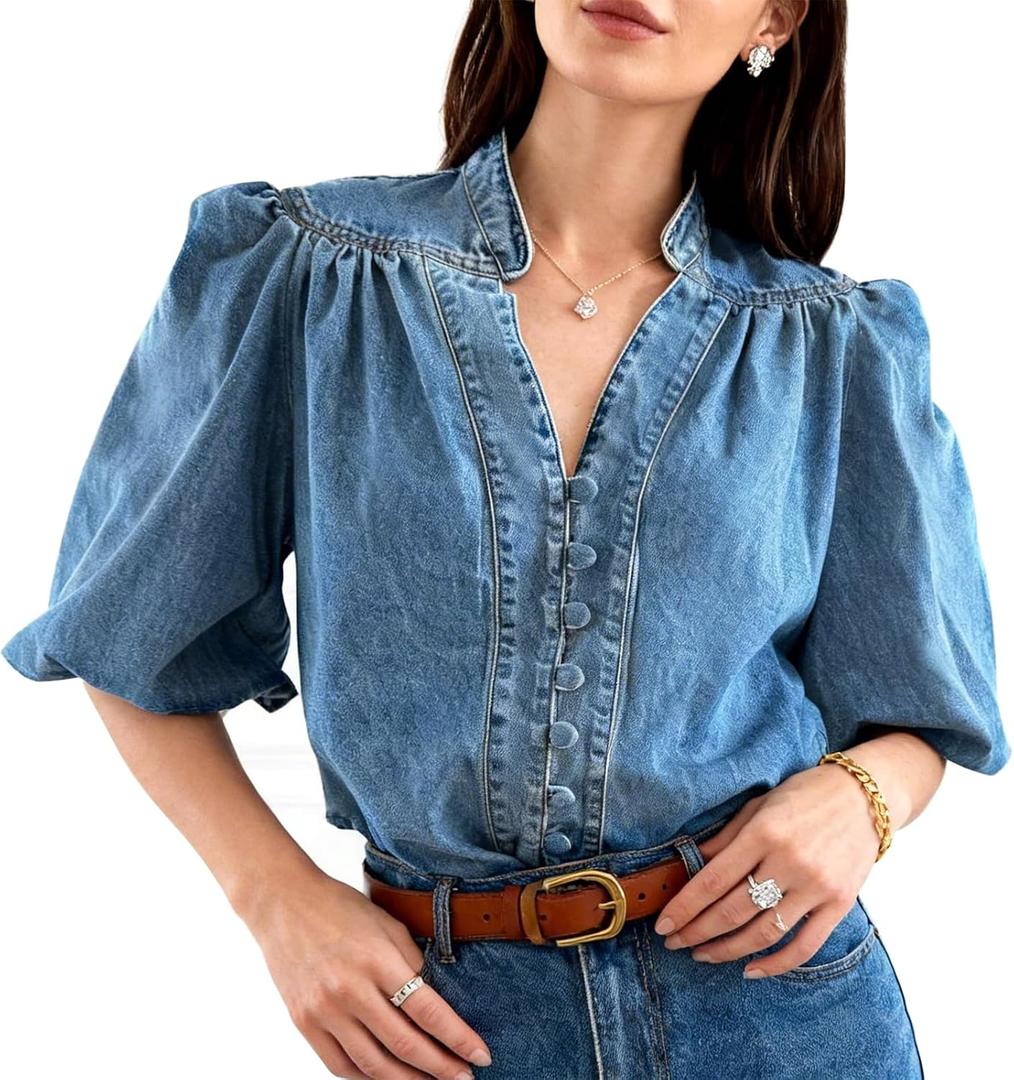 Women's Vintage Denim Shirt, V Neck 3/4 Lantern Sleeve Blouse, Casual Button Down Jean Top (M)