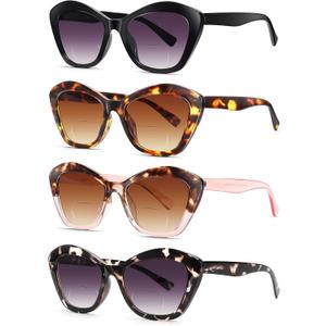 LADEESSE 4 Pack Bifocal Reading Sunglasses for Women Fashion Cateye Sun Readers Outdoor Reading Glasses UV400 +2.75 Protection
