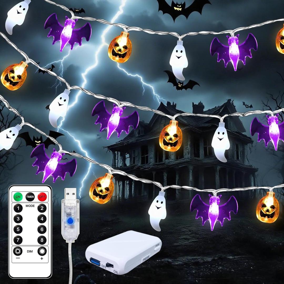 Halloween String Lights - 16FT 30 LED Pumpkin Bat Ghost Battery/USB Operated with Timer, Waterproof, 8 Lighting Modes for Indoor Outdoor Window Decor Halloween Party Lights