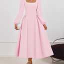 ZESICA Women's Long Sleeve Midi Dresses 2026 Fall Square Neck Swing A Line Wedding Guest Evening Prom Dress (Pink, S)