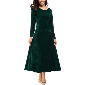 Urban CoCo Women's Elegant Long Sleeve Ruched Velvet Stretchy Long Dress (X-Large, Green)