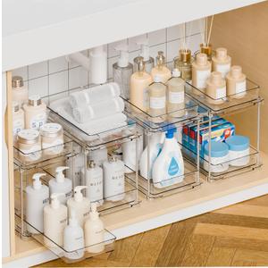 Yieach 4 Pack Under Sink Organizers and Storage,Clear Acrylic Bathroom Organizer and Cabinet Organization for Makeup,Medicine,Two Tier Pull Out Cabinet Organizer Drawers for Pantry,Vanity Storage Bins